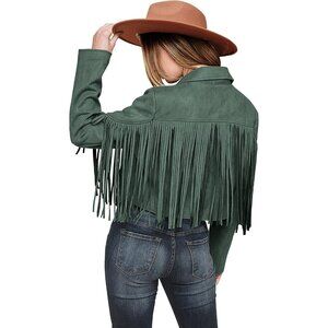 Women's Green Fringe Faux Suede Leather Tassel Motorcycle Cropped Jackets